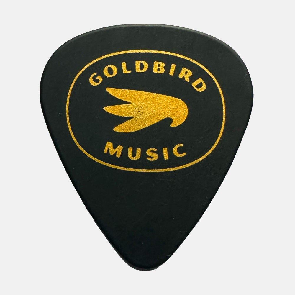 Black guitar pick with gold 'Goldbird Music' logo on a white background