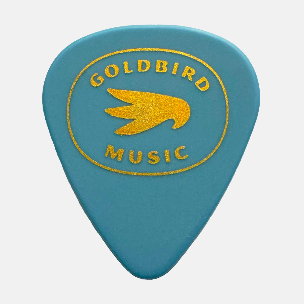 Blue guitar pick with gold 'Goldbird Music' logo on a white background
