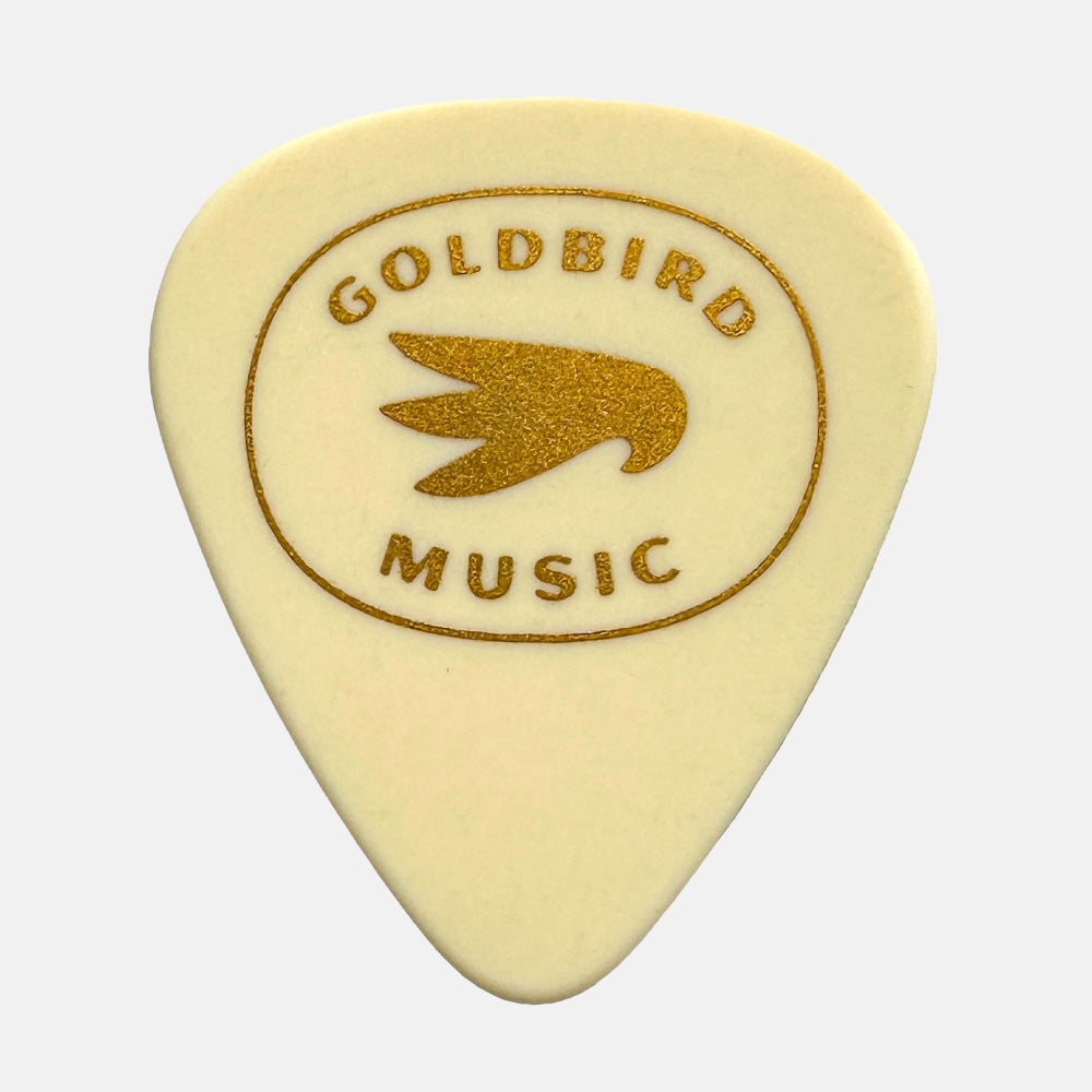Cream guitar pick with gold 'Goldbird Music' logo on a white background