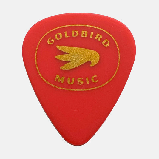Red guitar pick with gold 'Goldbird Music' logo on a white background