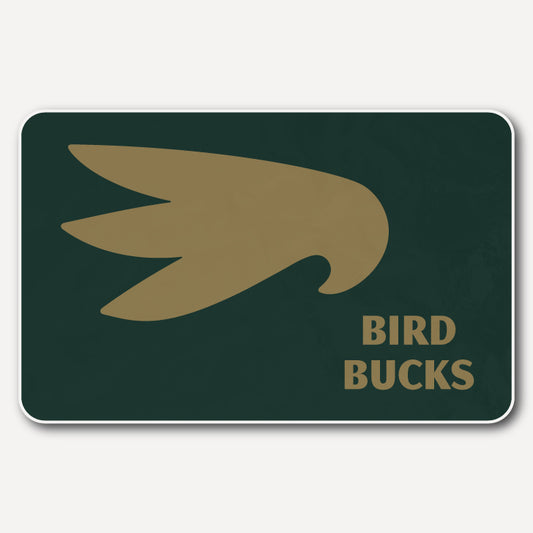 Card with a gold bird design and 'Bird Bucks' text on a green background
