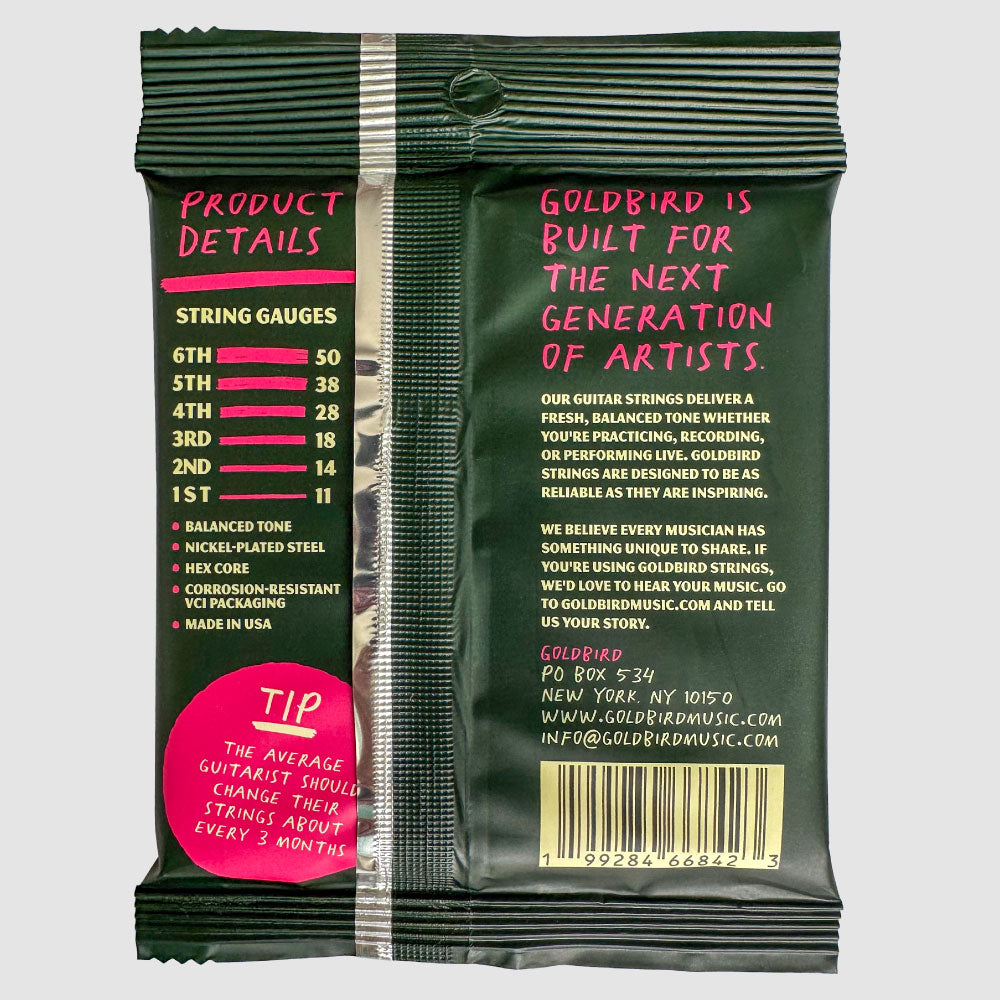 Back of Goldbird Heavy electric guitar string packaging