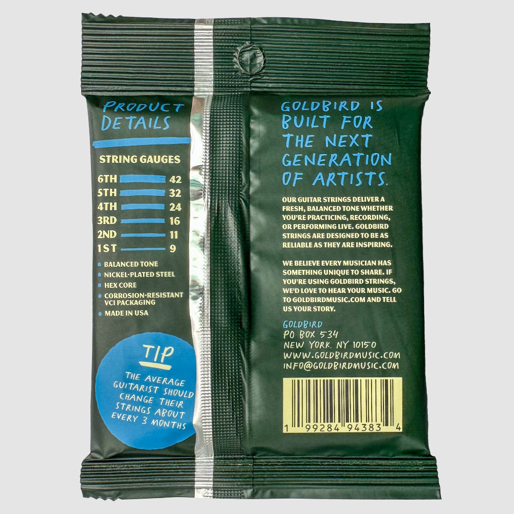 Back of Goldbird Light electric guitar string packaging