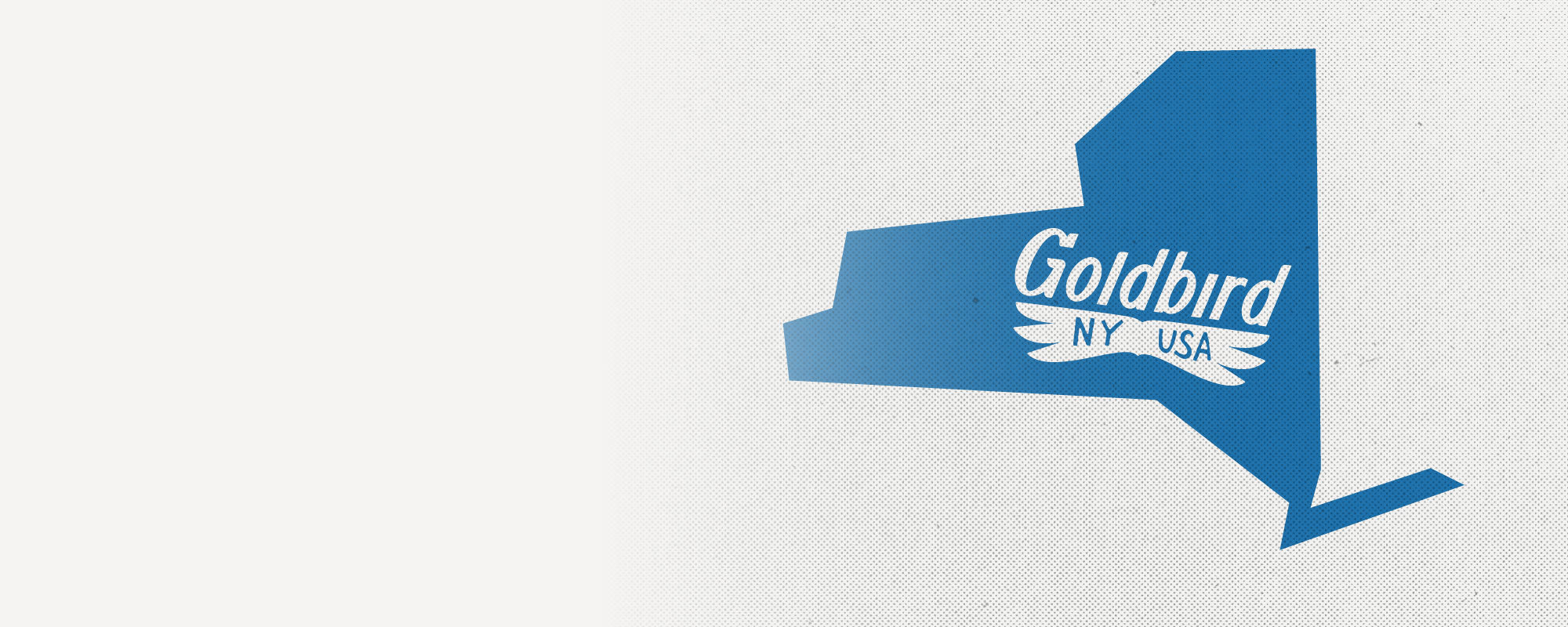 Blue outline of New York state with 'Goldbird NY USA' text on a light gray background