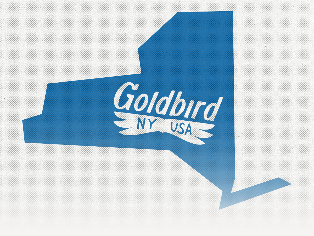 Blue outline of New York state with 'Goldbird NY USA' text on a light gray background