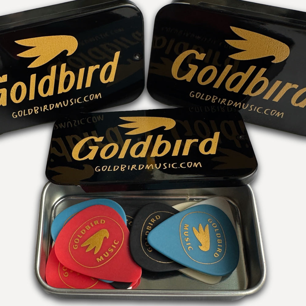 Goldbird guitar pick set in a tin with visible branding.