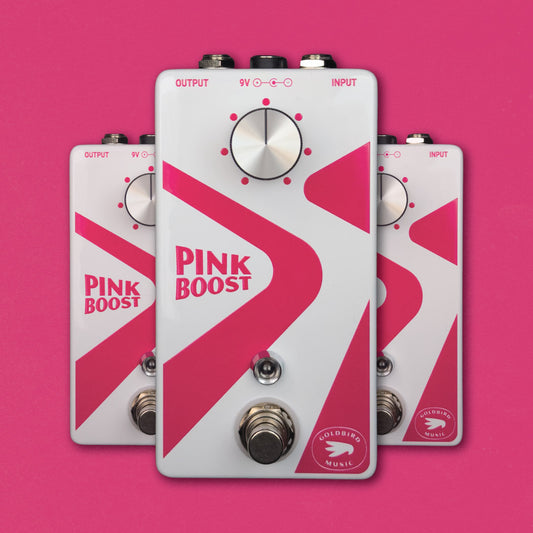Pink Boost guitar effects pedal with a pink background