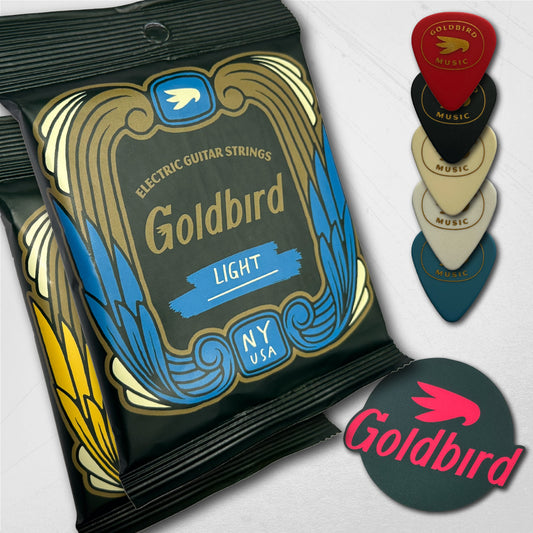 Goldbird electric guitar strings packaging with guitar picks on a white background