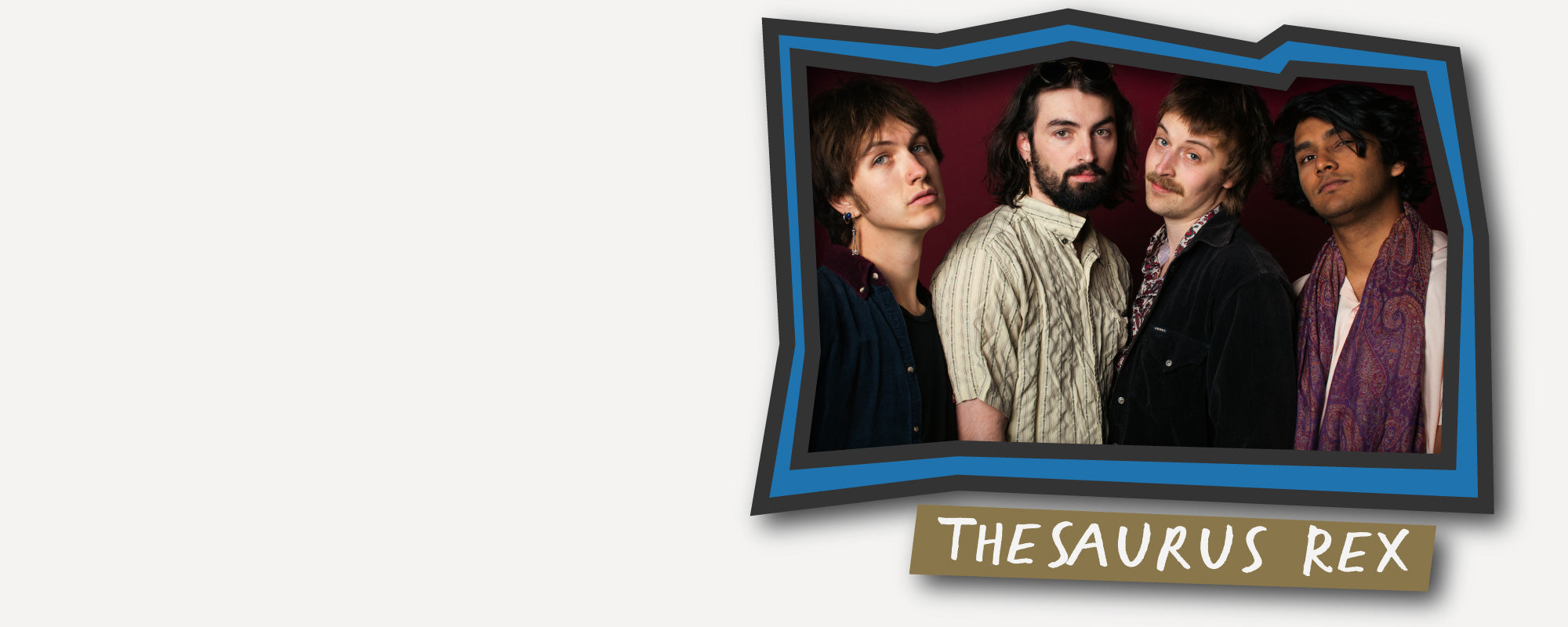 Four individuals in a vintage-style frame with 'Thesaurus Rex' branding.