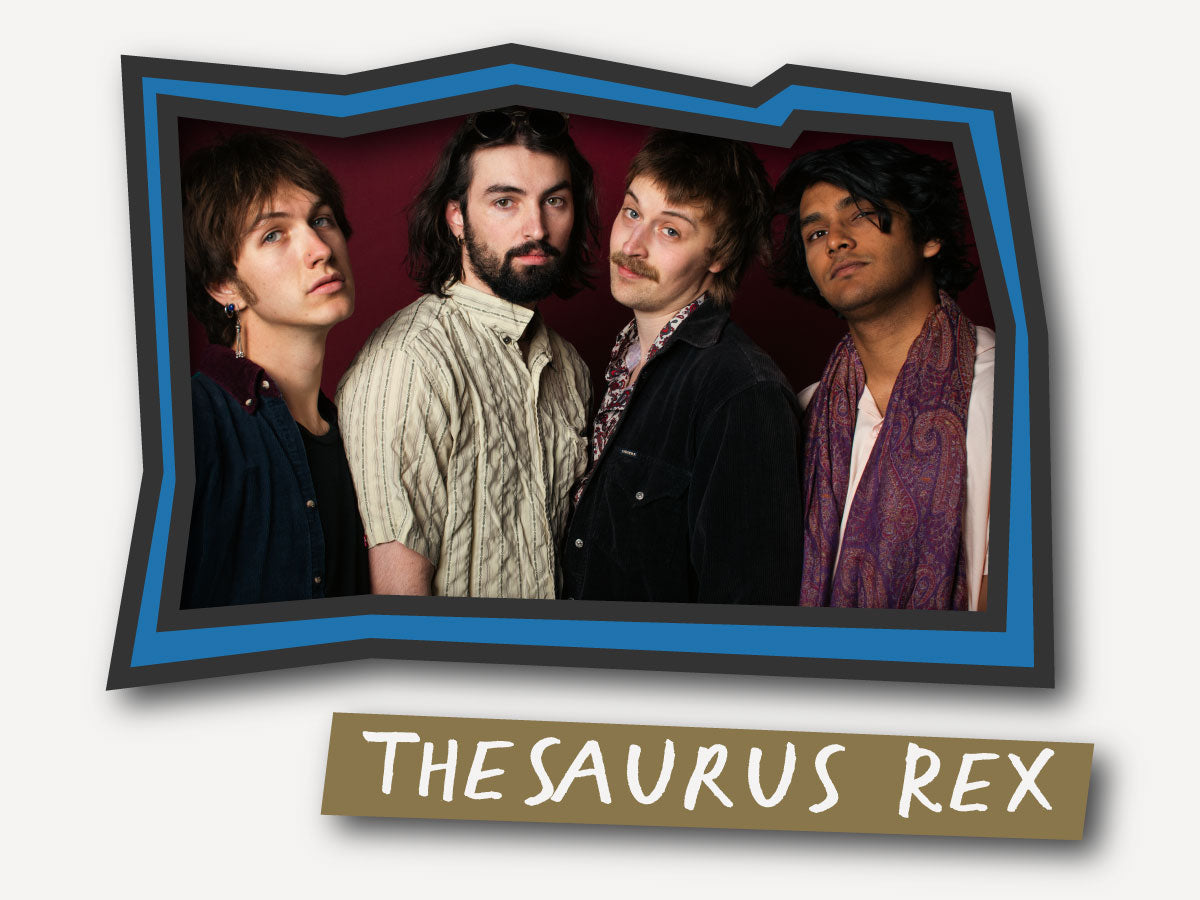 Four band members with 'Thesaurus Rex' logo below