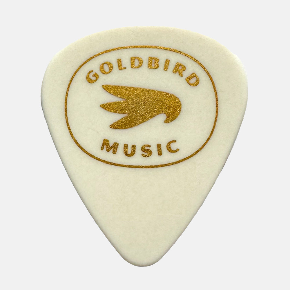 White guitar pick with gold 'Goldbird Music' logo on a white background
